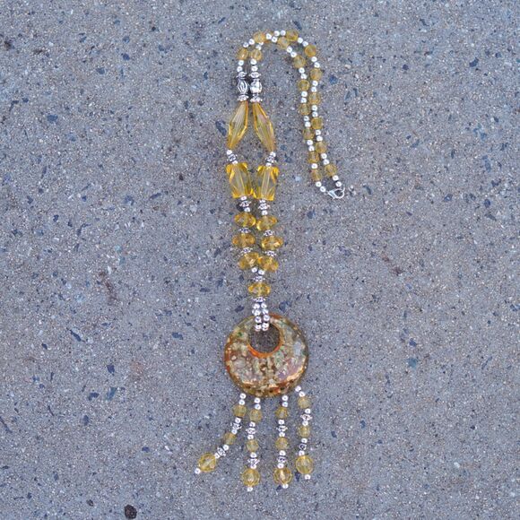 Handmade Gold Beaded Necklace Resin Donut Pendant Boho Statement Jewelry - Picture 1 of 4